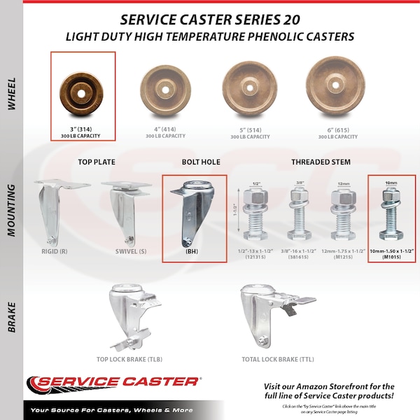 Service Caster 3 Inch High Temp Phenolic Swivel 10mm Stem Caster Total Lock Brake SCC, 2PK SCC-TSTTL20S314-PHSHT-M1015-2-S-2 - main